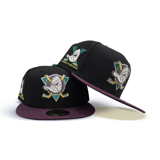 Black Anaheim Mighty Ducks Plum Visor Green Bottom "Mighty Decade" EST 1993 Side Patch New Era 59Fifty Fitted