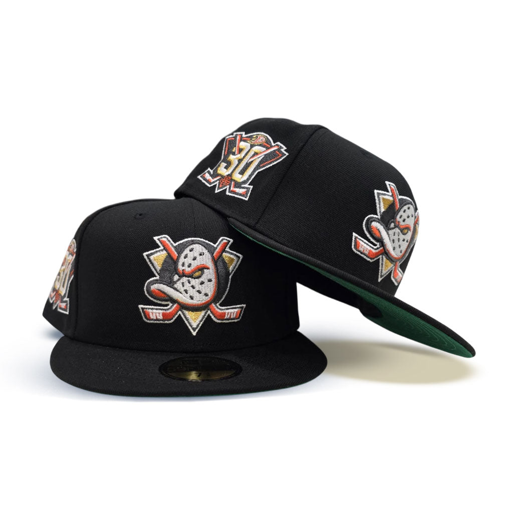 Black Anaheim Mighty Ducks Green Bottom 30th Anniversary Side Patch New Era 59Fifty Fitted