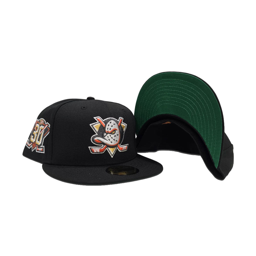 Black Anaheim Mighty Ducks Green Bottom 30th Anniversary Side Patch New Era 59Fifty Fitted