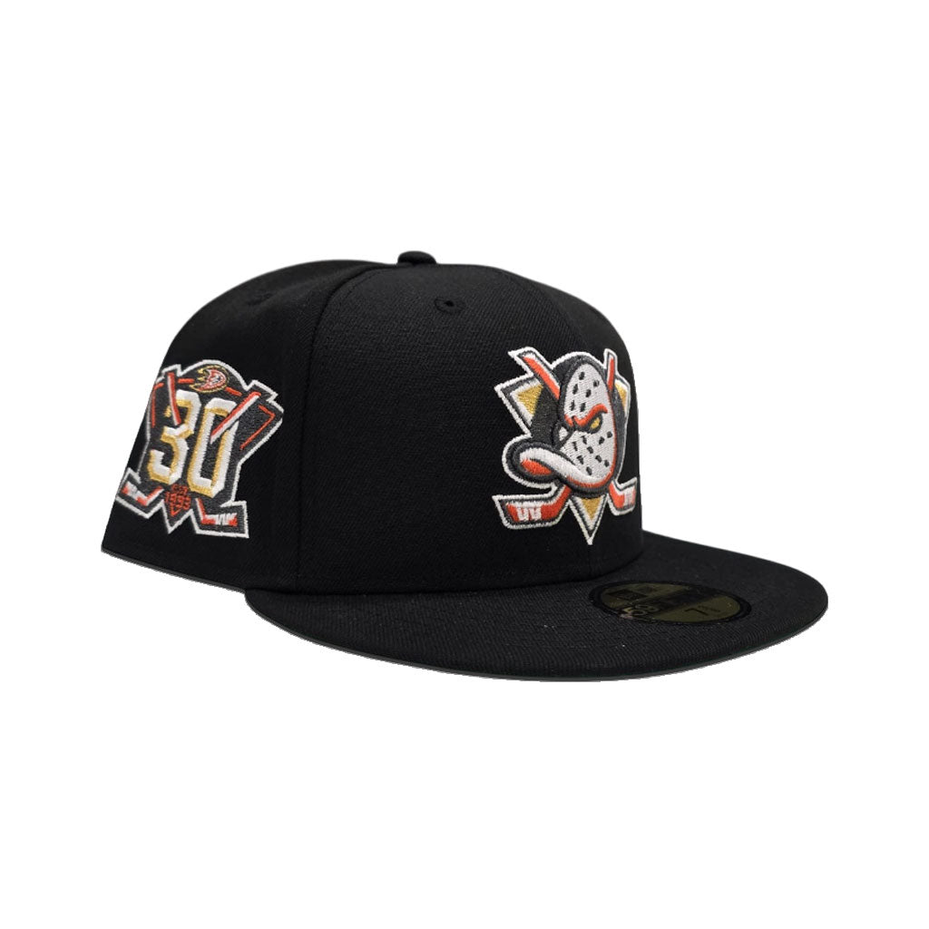 Black Anaheim Mighty Ducks Green Bottom 30th Anniversary Side Patch New Era 59Fifty Fitted
