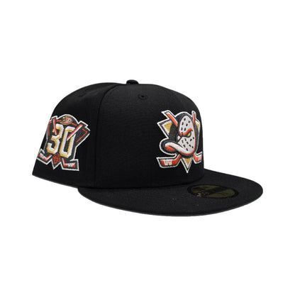 Black Anaheim Mighty Ducks Green Bottom 30th Anniversary Side Patch New Era 59Fifty Fitted