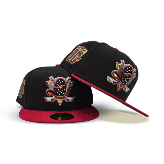 Black Anaheim Mighty Ducks Red Visor Gray Bottom 10th Years Side Patch New Era 59Fifty Fitted