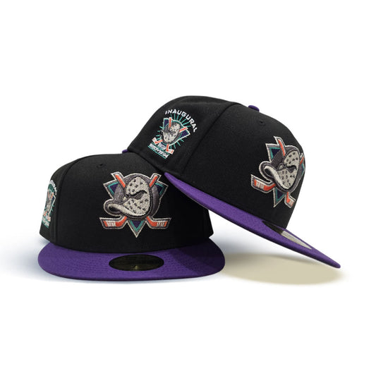 Black Anaheim Mighty Ducks Purple Visor Gray Bottom 1993-1994 Inaugural Season Side Patch New Era 59Fifty Fitted