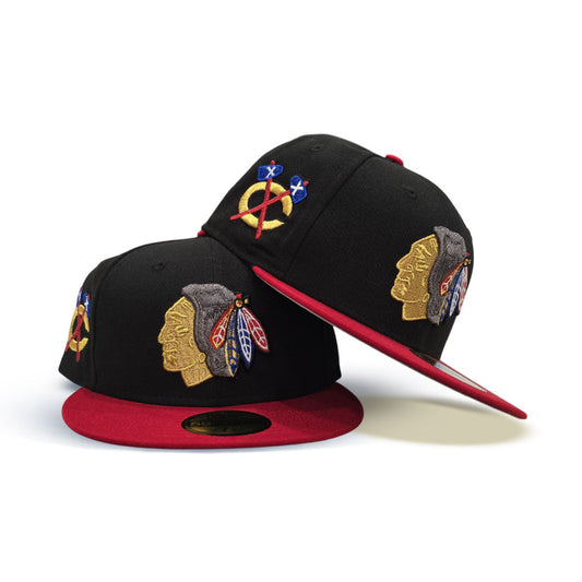 Black Chicago Blackhawks Red Visor Gray Bottom Chicago Logo Side Patch New Era 59Fifty Fitted