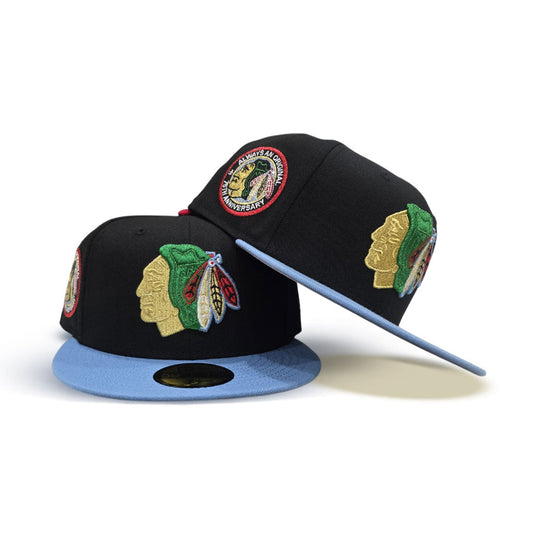 Black Chicago Blackhawks Sky Blue Visor Gray Bottom Always An Original 75th Anniversary Side Patch New Era 59Fifty Fitted
