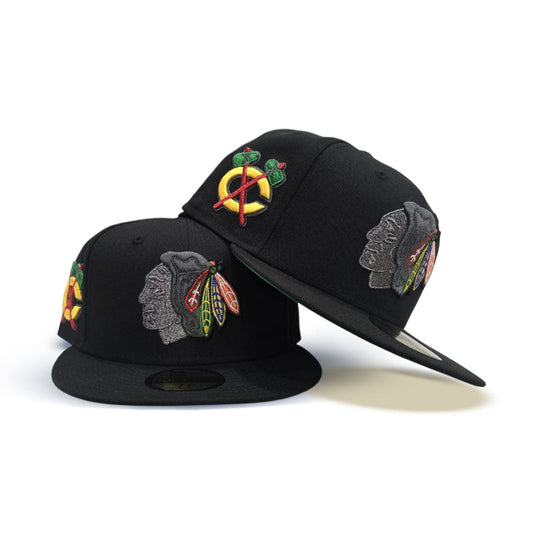 Black Chicago Blackhawks Green Bottom Chicago Logo Side Patch New Era 59Fifty Fitted