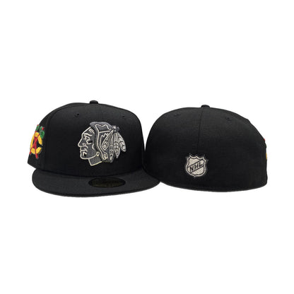 Black Chicago Blackhawks Gray Bottom Chicago Logo Side Patch New Era 59Fifty Fitted