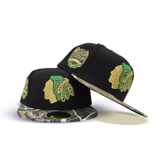 Black Chicago Blackhawks Real Tree Visor Green Bottom 2014 Stadium Series Side Patch New Era 59Fifty Fitted