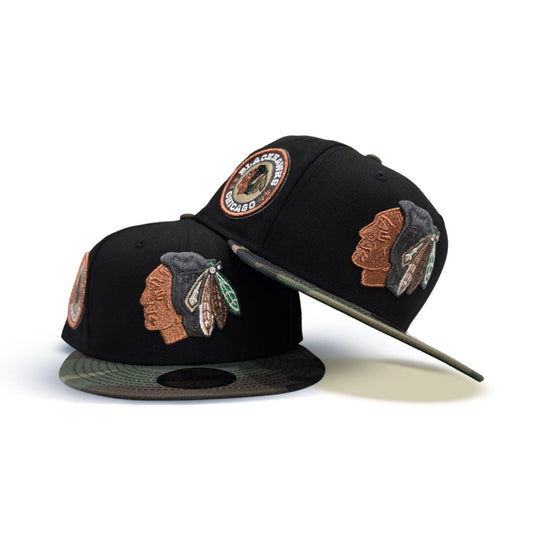 Black Chicago Blackhawks Camo Visor Green Bottom Chicago Blackhawks Side Patch New Era 59Fifty Fitted