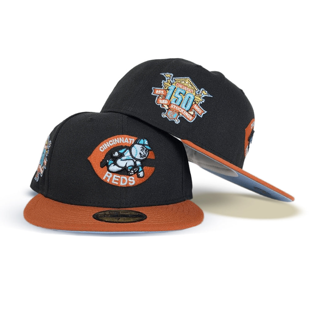 Black Cincinnati Reds Rust Orange Visor Icy Blue Bottom 150th Anniversary Side Patch New Era 59Fifty Fitted