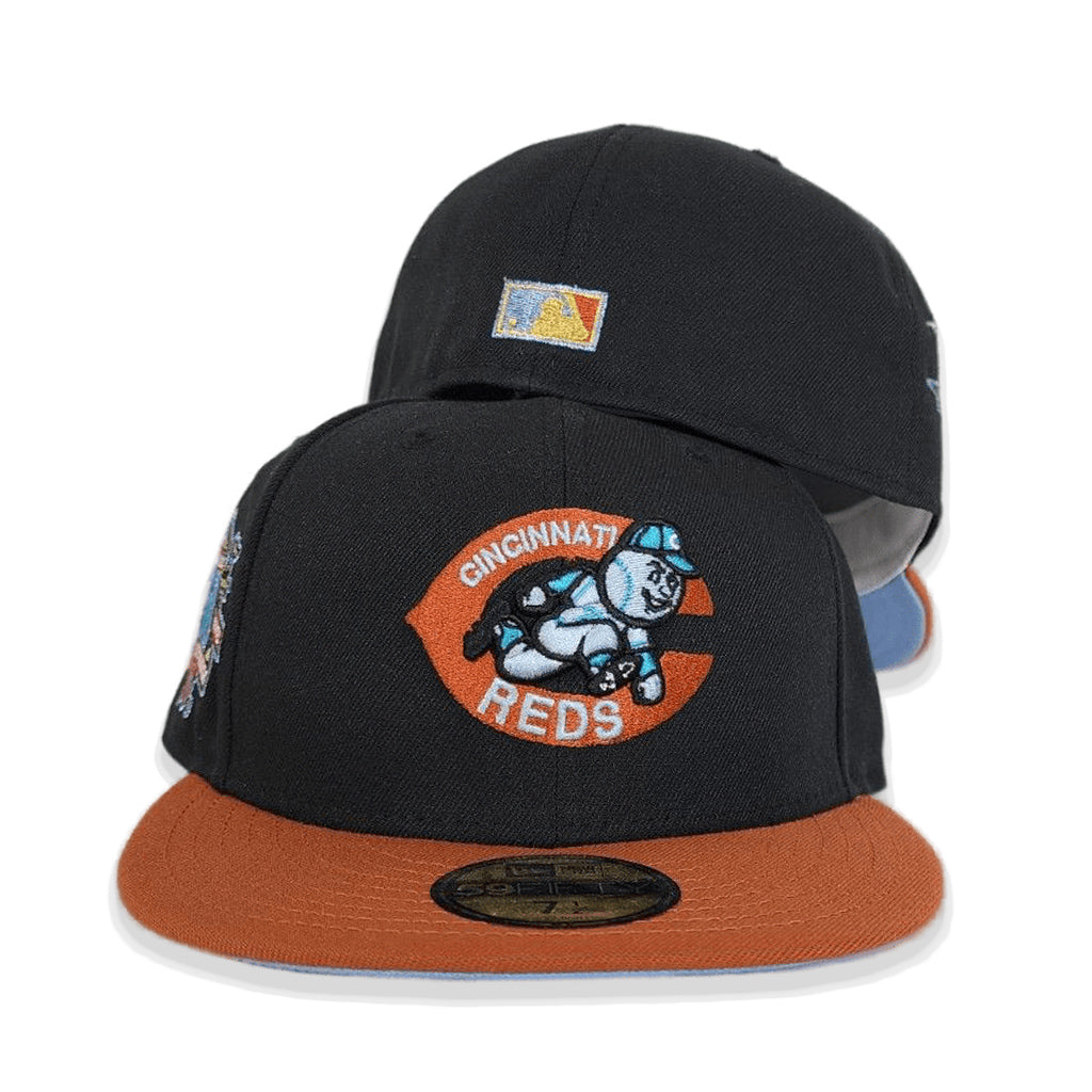 Black Cincinnati Reds Rust Orange Visor Icy Blue Bottom 150th Anniversary Side Patch New Era 59Fifty Fitted