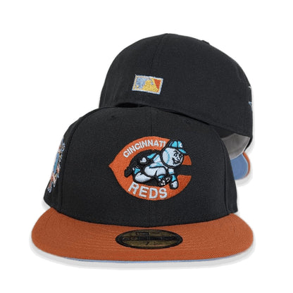 Black Cincinnati Reds Rust Orange Visor Icy Blue Bottom 150th Anniversary Side Patch New Era 59Fifty Fitted