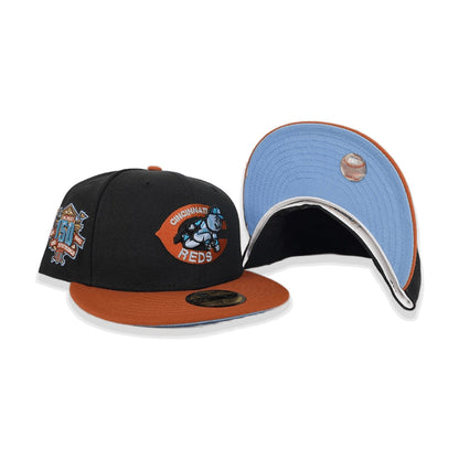 Black Cincinnati Reds Rust Orange Visor Icy Blue Bottom 150th Anniversary Side Patch New Era 59Fifty Fitted