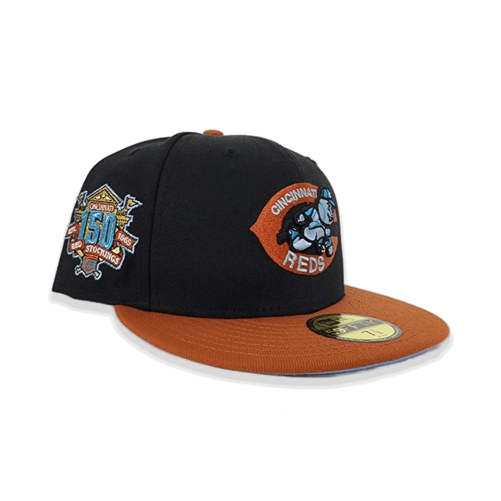 Black Cincinnati Reds Rust Orange Visor Icy Blue Bottom 150th Anniversary Side Patch New Era 59Fifty Fitted