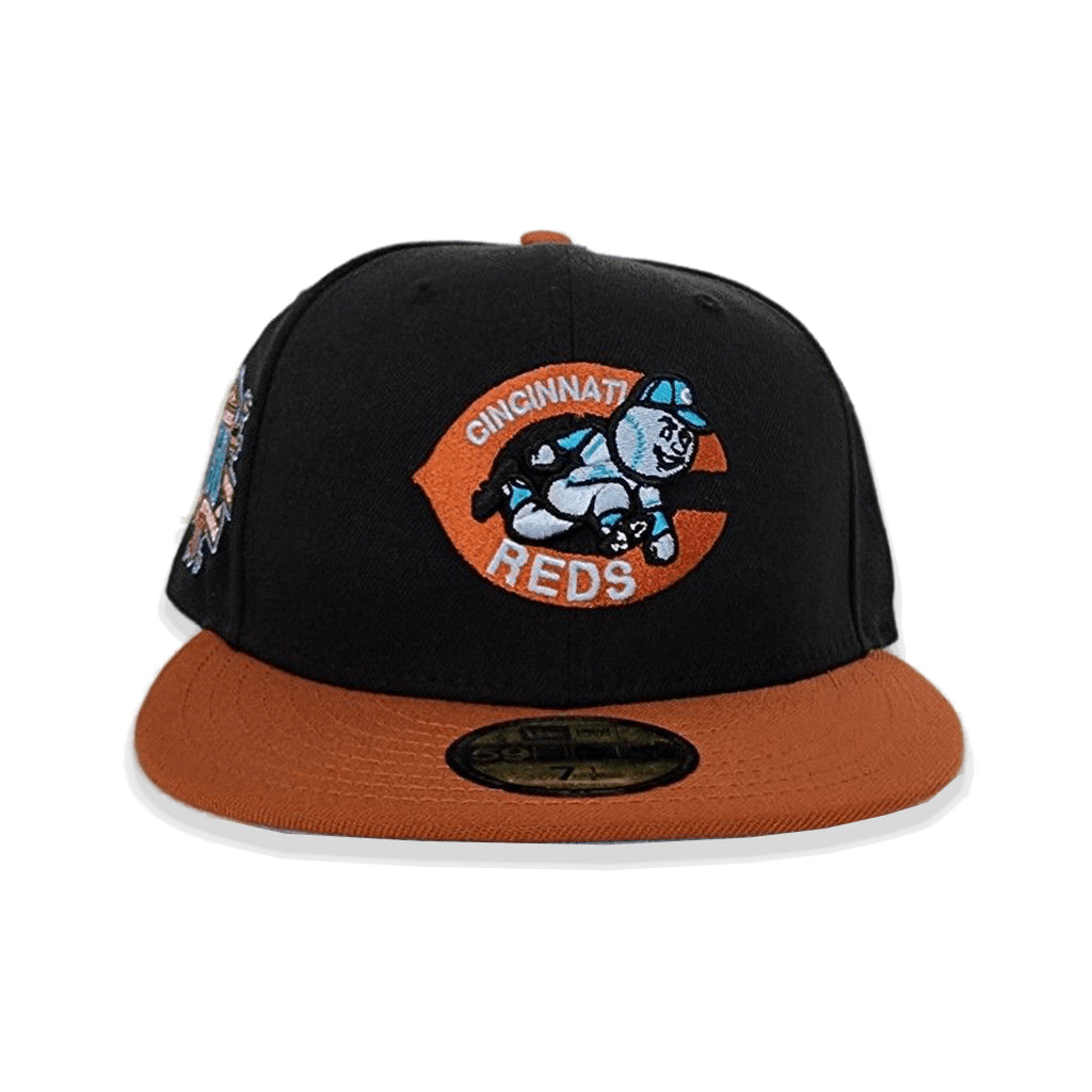 Black Cincinnati Reds Rust Orange Visor Icy Blue Bottom 150th Anniversary Side Patch New Era 59Fifty Fitted