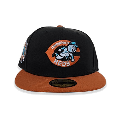 Black Cincinnati Reds Rust Orange Visor Icy Blue Bottom 150th Anniversary Side Patch New Era 59Fifty Fitted