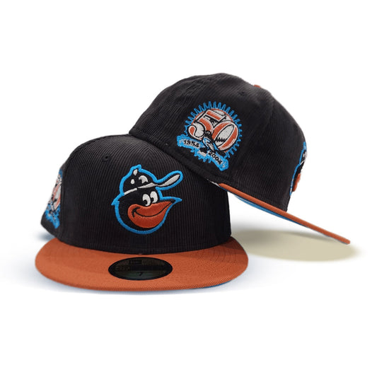 Black Corduroy Baltimore Orioles Rust Visor Cardinal Blue Bottom 50th Anniversary Side Patch New Era 59Fifty Fitted