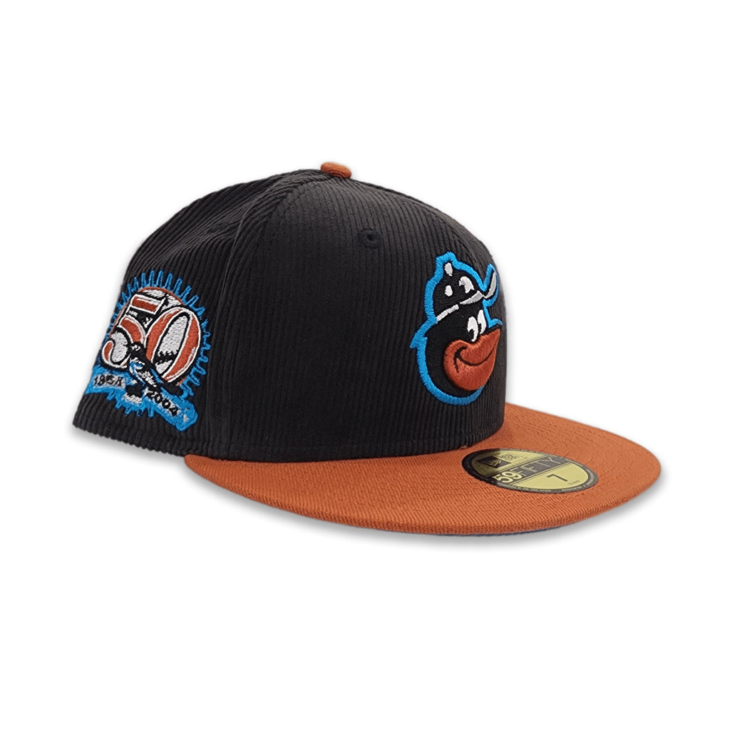 Black Corduroy Baltimore Orioles Rust Visor Cardinal Blue Bottom 50th Anniversary Side Patch New Era 59Fifty Fitted