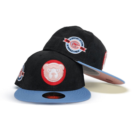 Black Corduroy Chicago Icy Blue Visor PeachBottom A Century Wrigley Field Side Patch New Era 59Fifty Fitted