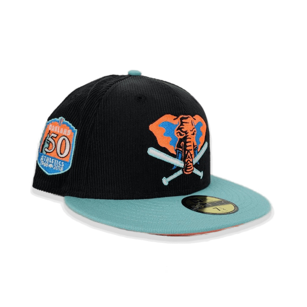 Black Corduroy Glow In The Dark Oakland Athletics Blue Tint Visor Orange Bottom 50th Anniversary Side Patch New Era 59Fifty Fitted