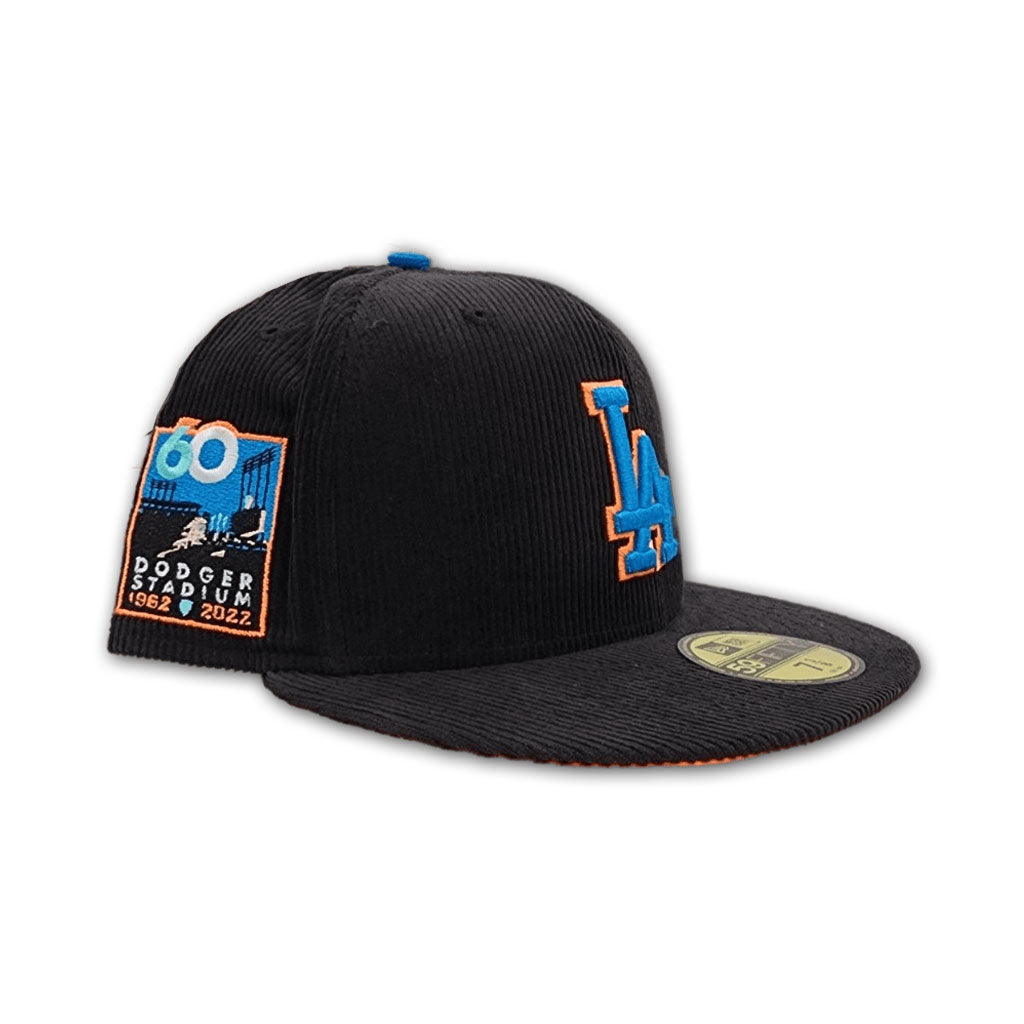 Black Corduroy Los Angeles Dodgers Orange Bottom 60th Anniversary Side Patch New Era 59Fifty Fitted
