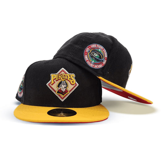 Black Corduroy Pittsburgh Pirates Yellow Visor Red Bottom Pirates Flag Side Patch New Era 59Fifty Fitted