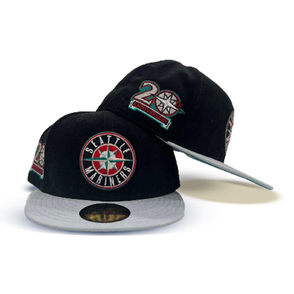 Black Corduroy Seattle Mariners Light Gray Visor Aqua Bottom 20th Anniversary Side Patch New Era 59Fifty Fitted
