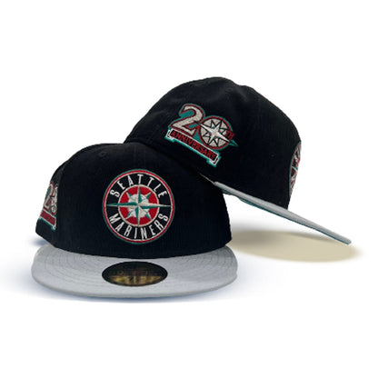 Black Corduroy Seattle Mariners Light Gray Visor Aqua Bottom 20th Anniversary Side Patch New Era 59Fifty Fitted