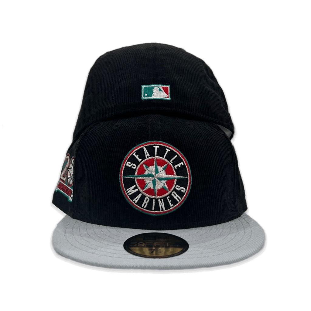 Black Corduroy Seattle Mariners Light Gray Visor Aqua Bottom 20th Anniversary Side Patch New Era 59Fifty Fitted