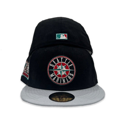 Black Corduroy Seattle Mariners Light Gray Visor Aqua Bottom 20th Anniversary Side Patch New Era 59Fifty Fitted