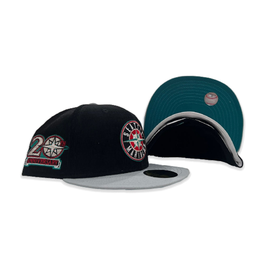 Black Corduroy Seattle Mariners Light Gray Visor Aqua Bottom 20th Anniversary Side Patch New Era 59Fifty Fitted