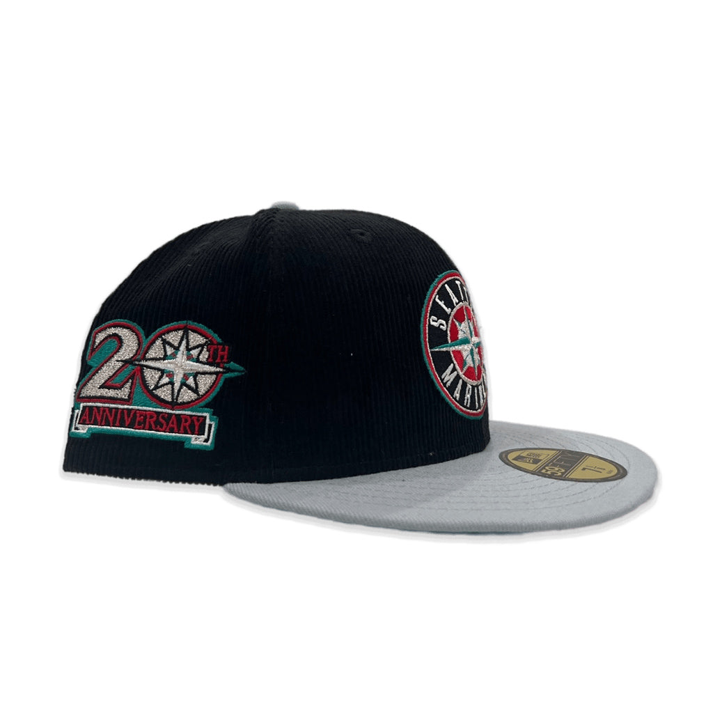 Black Corduroy Seattle Mariners Light Gray Visor Aqua Bottom 20th Anniversary Side Patch New Era 59Fifty Fitted