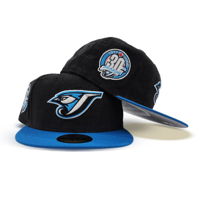 Black Corduroy Toronto Blue Jays Cardinal Blue Visor Gray Bottom 30th Anniversary Side Patch New Era 59Fifty Fitted