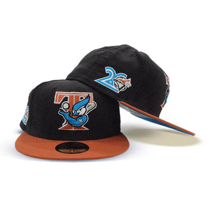 Black Corduroy Toronto Blue Jays Rust Visor Cardinal Blue Bottom 20th Anniversary Side Patch New Era 59Fifty Fitted