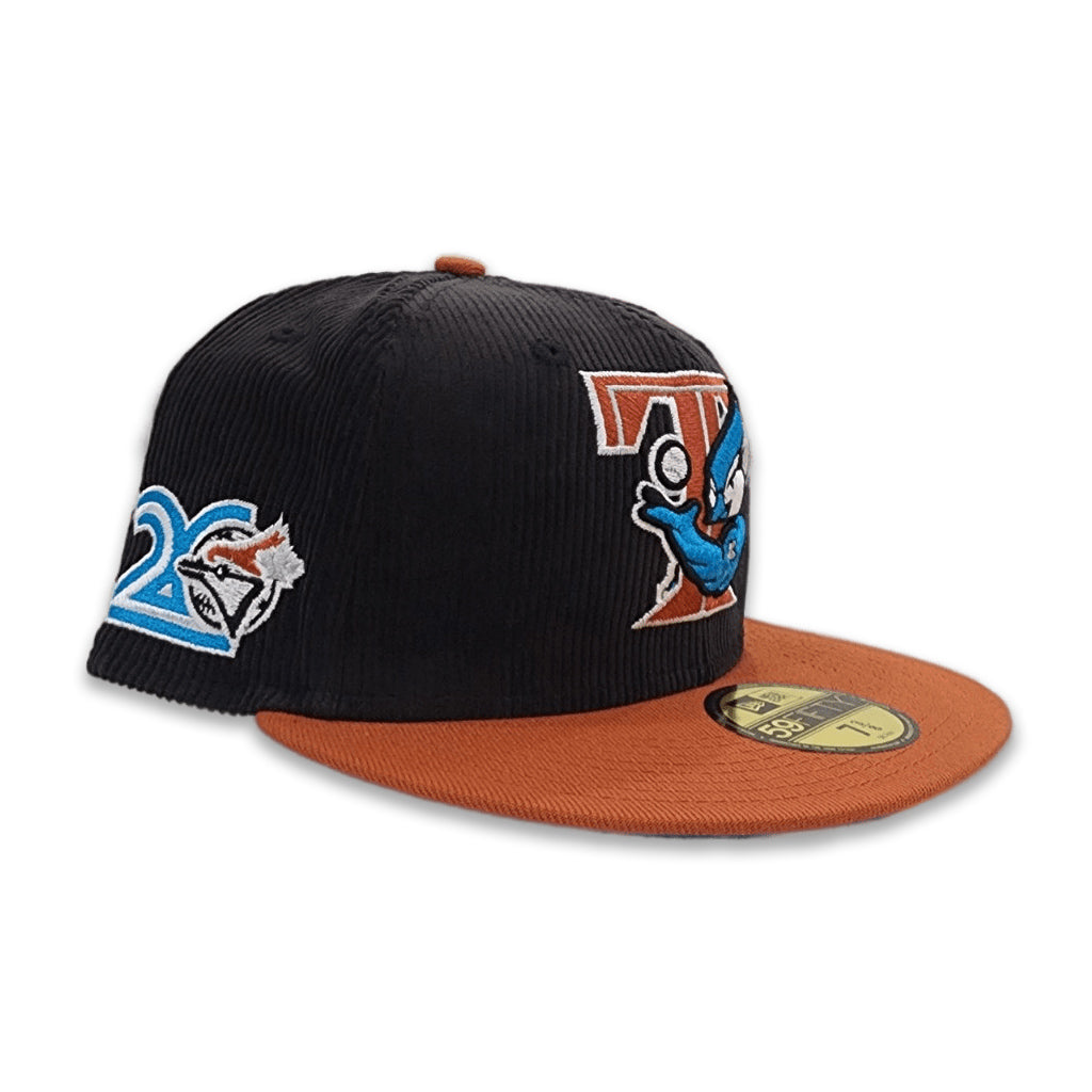 Black Corduroy Toronto Blue Jays Rust Visor Cardinal Blue Bottom 20th Anniversary Side Patch New Era 59Fifty Fitted