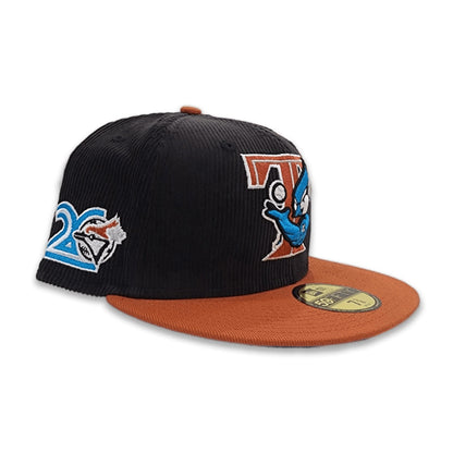 Black Corduroy Toronto Blue Jays Rust Visor Cardinal Blue Bottom 20th Anniversary Side Patch New Era 59Fifty Fitted