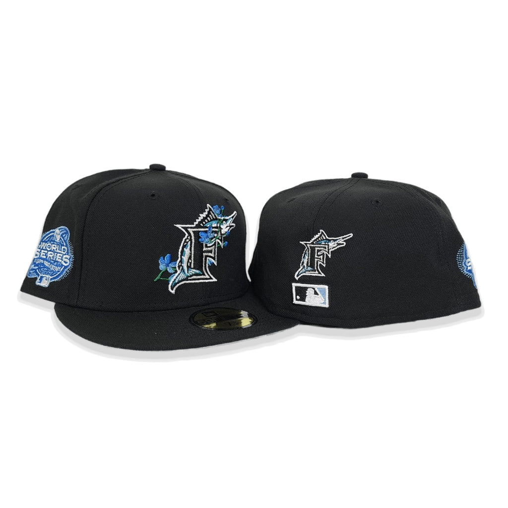 Black Florida Marlins 100th Anniversary Side Patch Bloom Icy Blue Bottom 59FIFTY Fitted