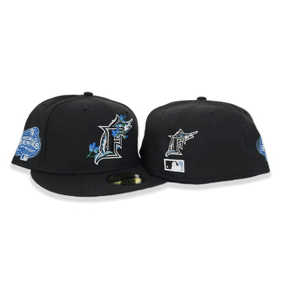 Black Florida Marlins 100th Anniversary Side Patch Bloom Icy Blue Bottom 59FIFTY Fitted