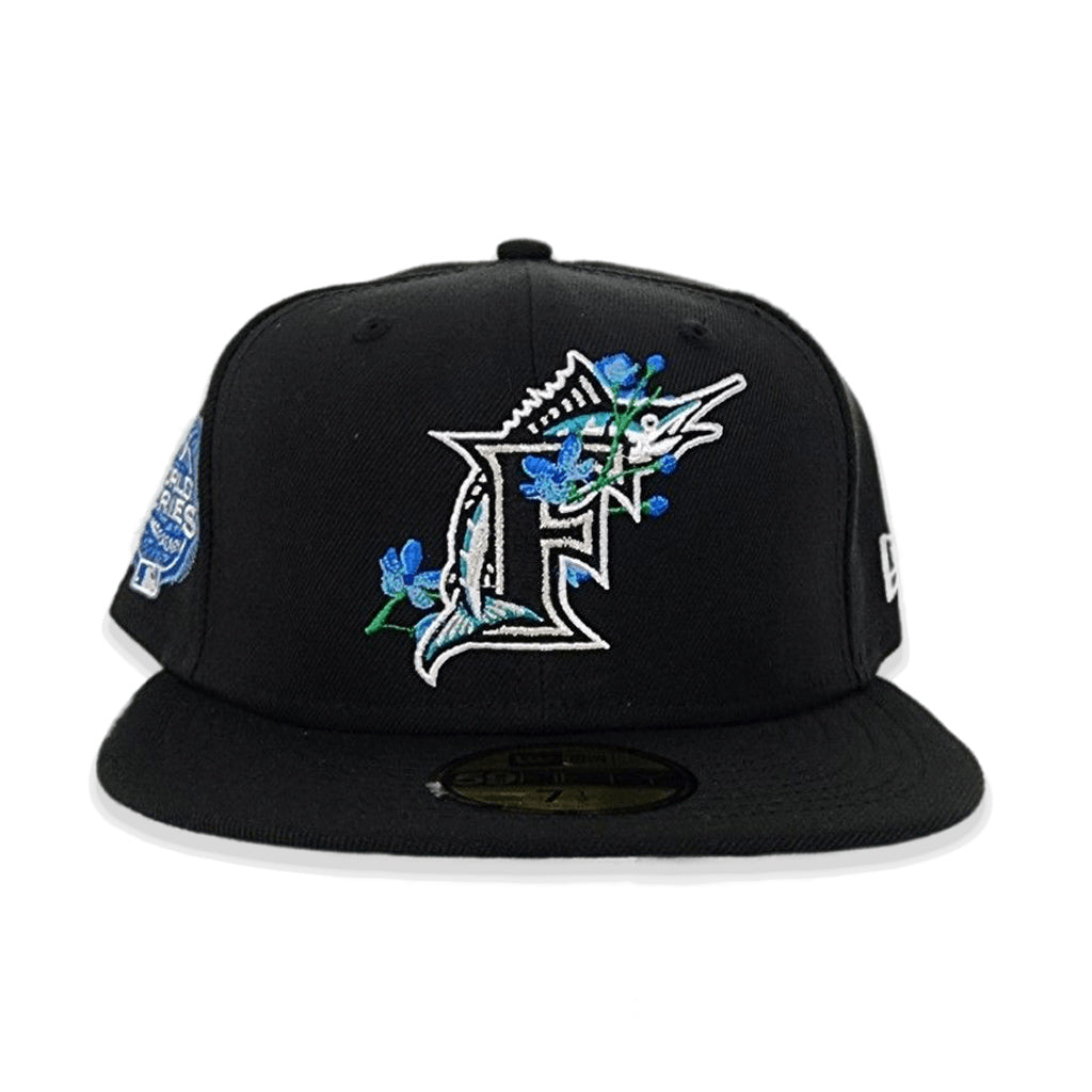 Black Florida Marlins 100th Anniversary Side Patch Bloom Icy Blue Bottom 59FIFTY Fitted