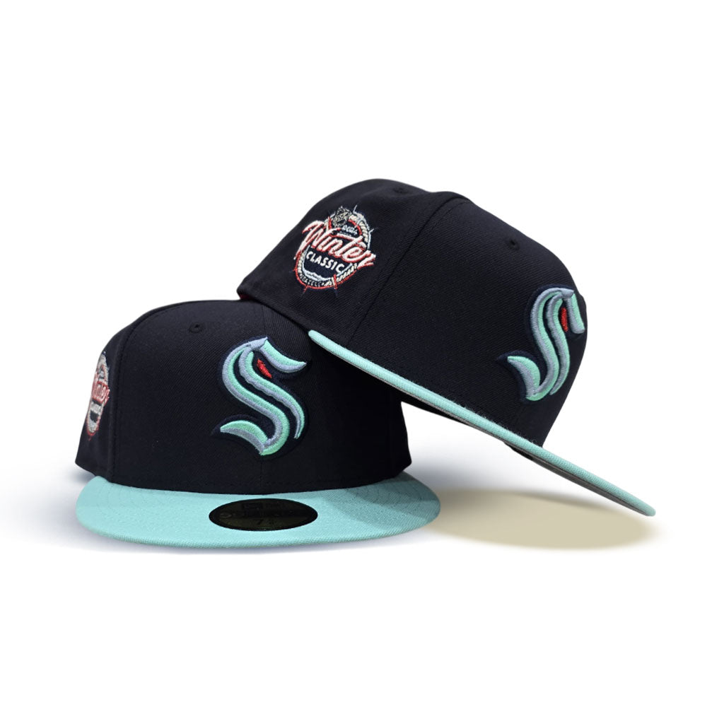 Navy Blue Seattle Kraken Mint Green Visor Gray Bottom Winter Classic Side Patch New Era 59Fifty Fitted