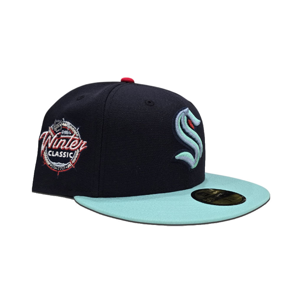 Navy Blue Seattle Kraken Mint Green Visor Gray Bottom Winter Classic Side Patch New Era 59Fifty Fitted