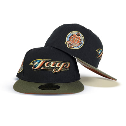 Black Toronto Blue Jays Olive Green Visor Rust Orange Bottom 30th Anniversary Side Patch New Era 59Fifty Fitted