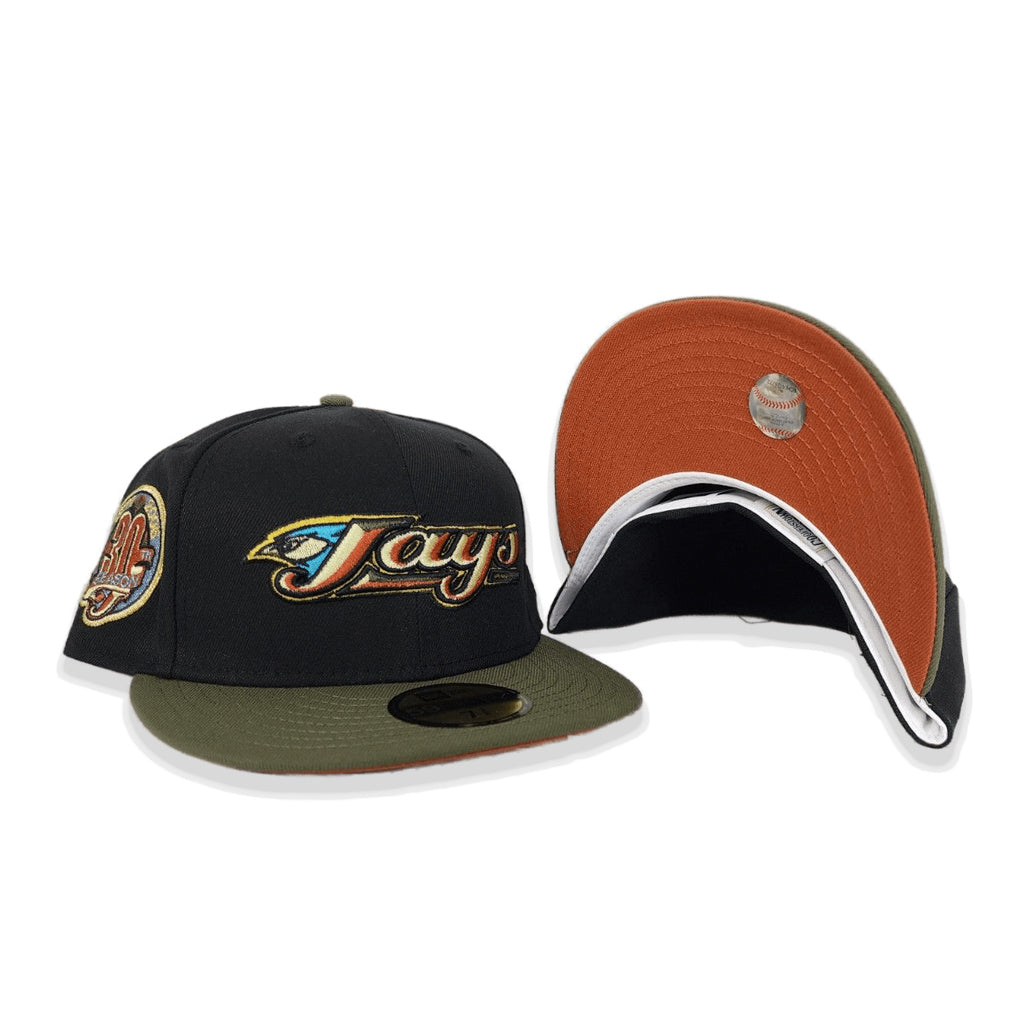 Black Toronto Blue Jays Olive Green Visor Rust Orange Bottom 30th Anniversary Side Patch New Era 59Fifty Fitted
