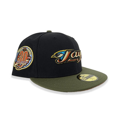 Black Toronto Blue Jays Olive Green Visor Rust Orange Bottom 30th Anniversary Side Patch New Era 59Fifty Fitted