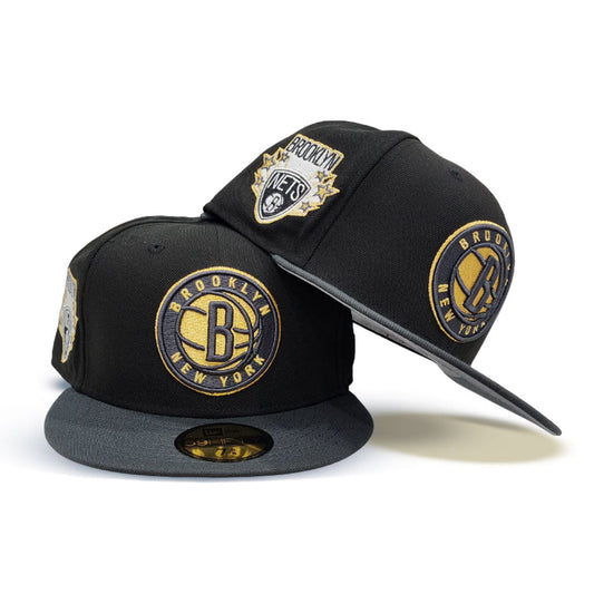 Black Brooklyn Nets Dark Gray Visor Gray Bottom Gameday Gold Pop Stars Side Patch New Era 59Fifty Fitted