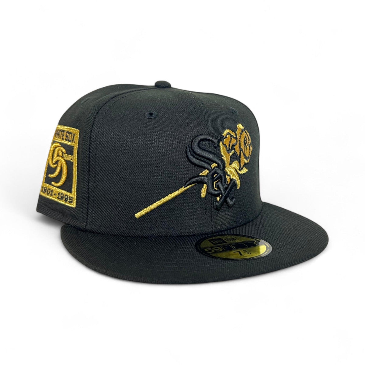 Black Chicago White Sox Rose Logo Gray Bottom 95 Years Side Patch New Era 59Fifty Fitted
