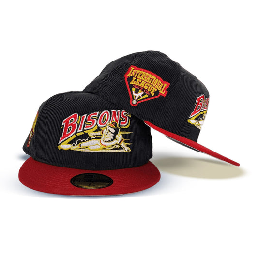 Black Corduroy Buffalo Bison Red Visor Gray Bottom International League Side Patch New Era 59Fifty Fitted