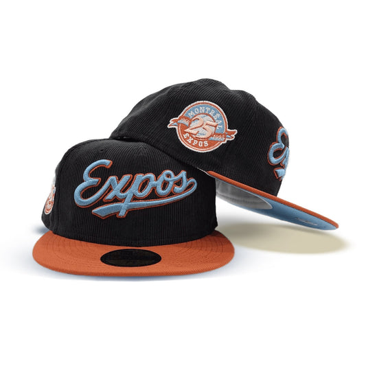 Black Corduroy Montreal Expos Rust Visor Icy Blue Bottom 25th Anniversary Side Patch New Era 59Fifty Fitted