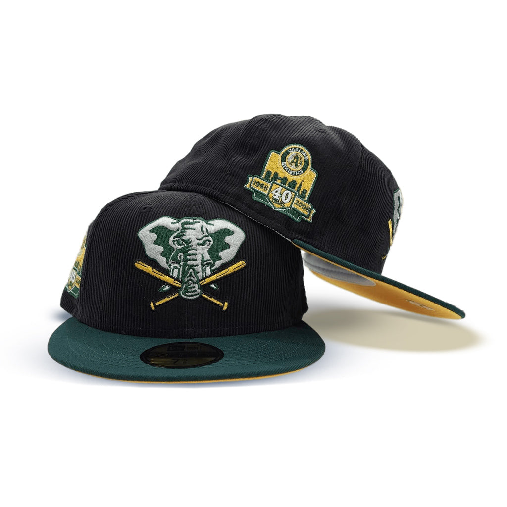 Black Corduroy Oakland Athletics Dark Green Visor Yellow Bottom 40th Anniversary Side Patch New Era 59Fifty Fitted