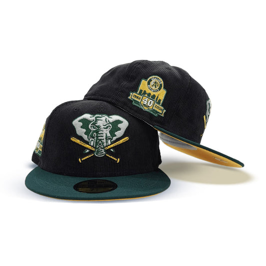 Black Corduroy Oakland Athletics Dark Green Visor Yellow Bottom 40th Anniversary Side Patch New Era 59Fifty Fitted